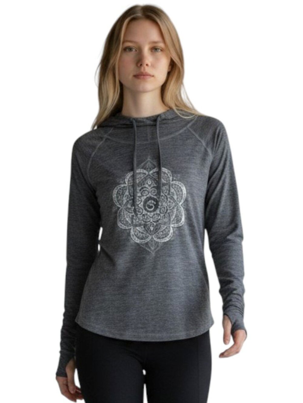 Gaiam Mandala Om Hooded Pullover Cowl Neck Yoga Thumbhole Gray Heather Size M